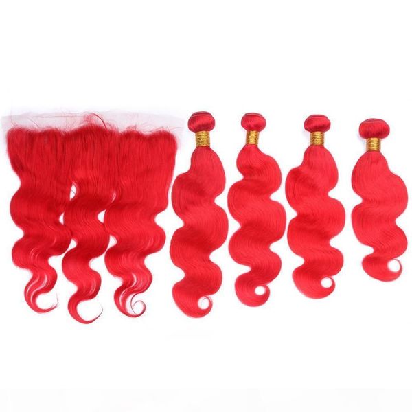 

pure red body wave indian human hair 4bundles with frontal bright red body wavy indian virgin hair lace frontal closure 13x4 with weaves, Black;brown
