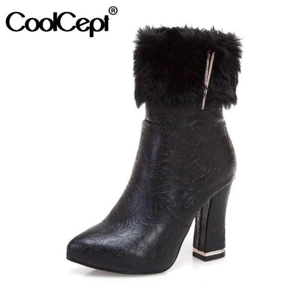 

boots coolcept women winter fur zipper pointed toe classics office ladies ankle square heels footwear size 34-43, Black