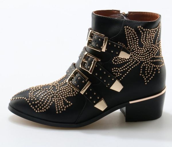 

boots fashion metal studded leather buckle ankle women pointed toe rhinestones flat real pos1, Black