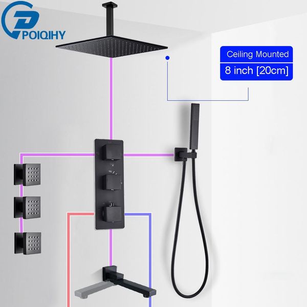 

matte black thermostatic shower set bath shower faucet swivel spout brass body sprayer system thermostat bathroom shower mixer bbybgo