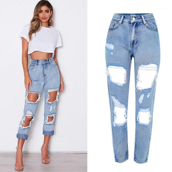 

women casual jeans high waist hole ripped destroy jeans pants women1, Blue