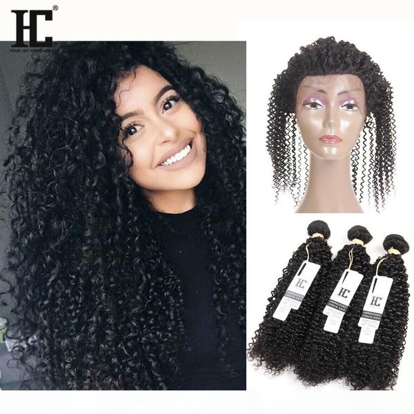 

hc pre plucked 360 lace frontal closure with bundles brazilian kinky curly virgin hair weaves 3pcs with 360 full lace frontal, Black;brown