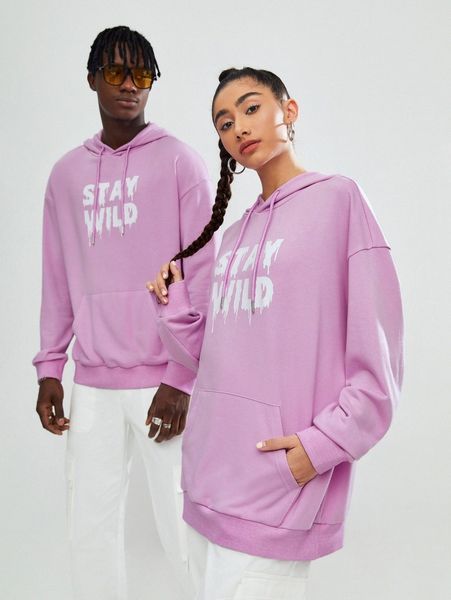 

slogan graphic drop shoulder drawstring hoodie b83x#, Black