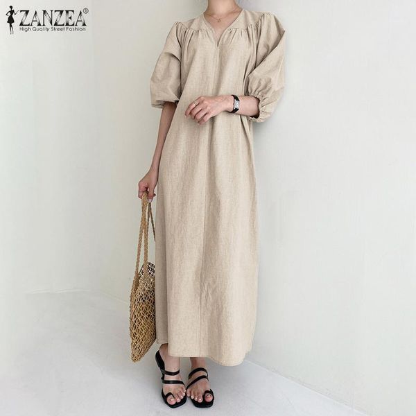

women's midi dresses 2020 zanzea female vintage vestidos casual summer robe femme ladies puff sleeve solid dress plus size 5xl1, Black;gray