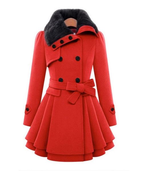 

womens new style vintage woolen coat double buckle slim trench coats lady fur collar peacoat winter coat outwear plus size, Tan;black