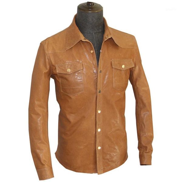 

2020 light brown men casual leather shirt single breasted plus size 5xl genuine thin sheepskin spring slim fit leather shirt1, Black