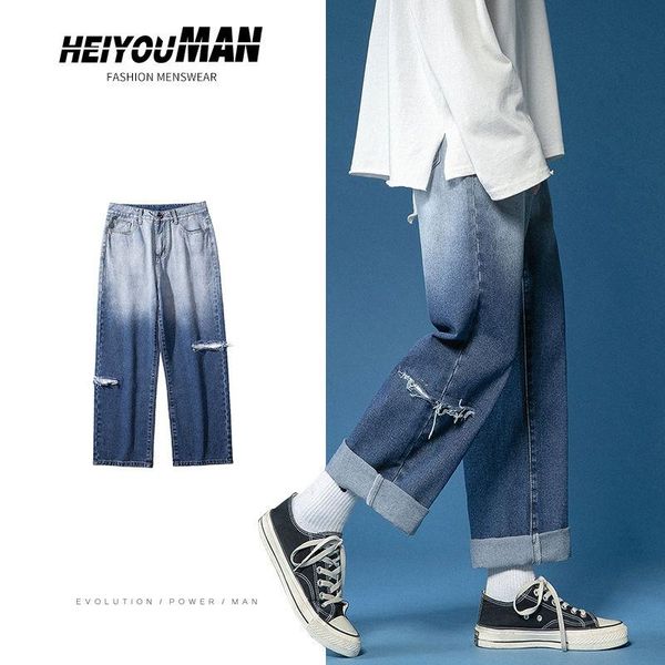 

men's jeans korean wide-leg fashion retro casual ripped men streetwear wild loose hip-hop hole straight denim pants mens, Blue