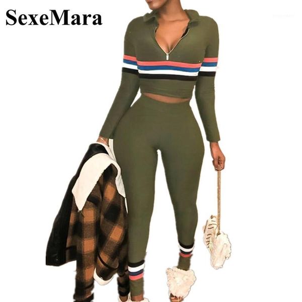 

sexemara striped army green tracksuit women two piece set and track pants leggings bodycon 2 piece sweatsuit d34-ad681, Gray