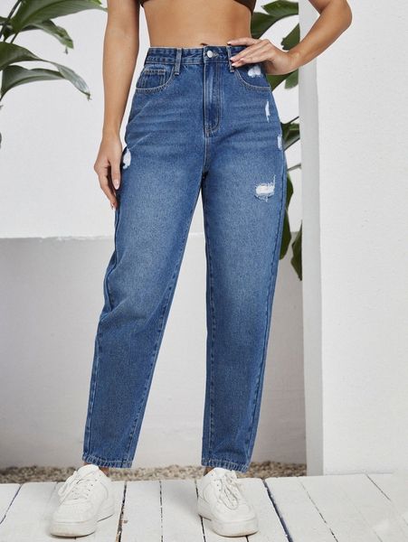 

high waist ripped tapered jeans t8zc#, Blue