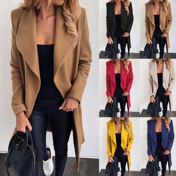 

women's clothing woolen coat solid collar bandage long sleeve ladies casual slim thick overcoat outwear jacket streetwear, Black