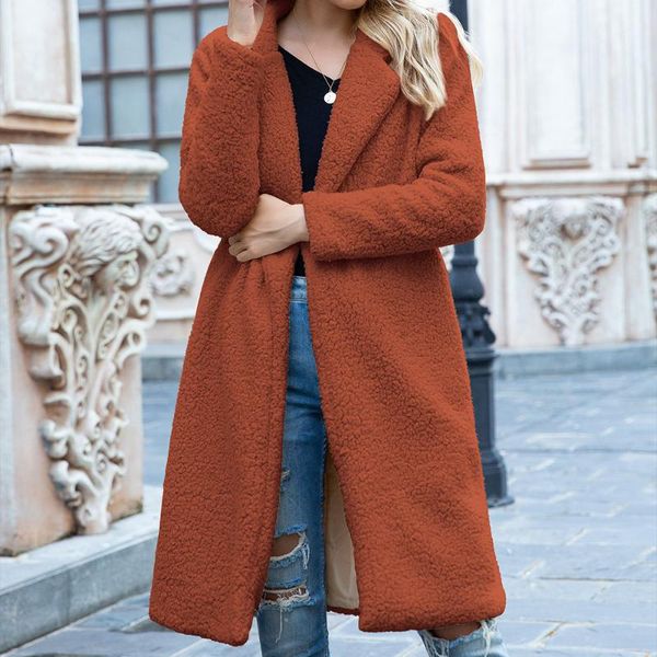 

women winter long fleece coat 2021 ladies solid color warm fluffy cardigans female jackets elegant coats plus size long outwear, Black;brown