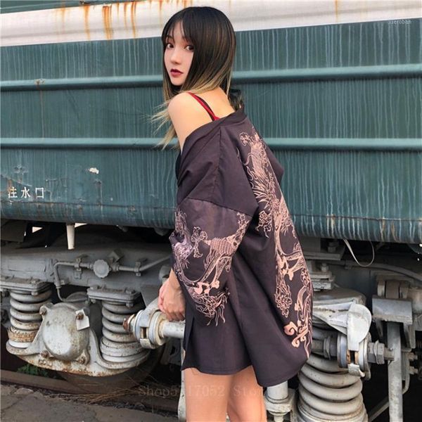 

japanese fashion kimono printing chinese dragon thin leisure commute sunscreen clothing cardigan robe for boys and girls1, Red