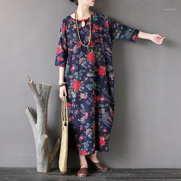 

in summer new three quarter sleeve cotton linen o-neck loose vintage print floral dress plus size women dresses1, Black;gray