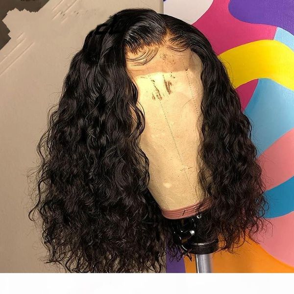 

brazilian water wave short bob 4x4 closure wig human hair lace frontal wavy curly bob wigs for women pre plucked lace wig, Black;brown