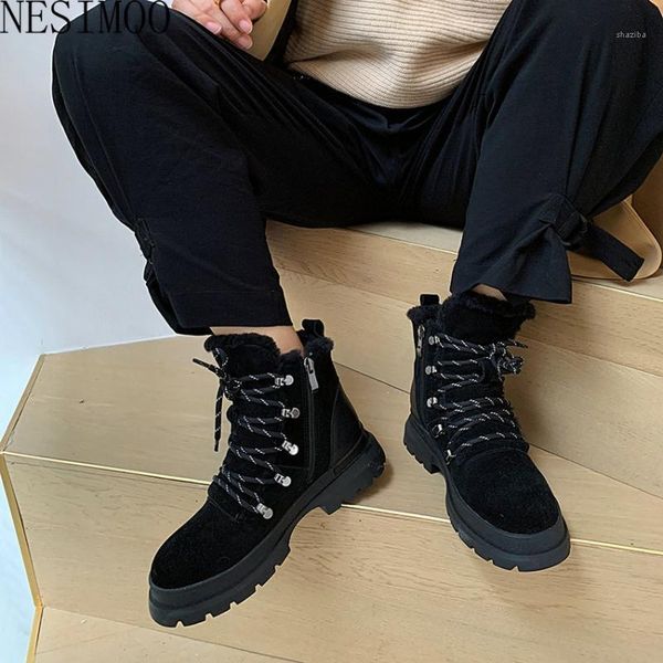 

boots nesimoo 2021 lace up zipper round toe ankle keep warm women genuine leather winter female shoes size 34-391, Black