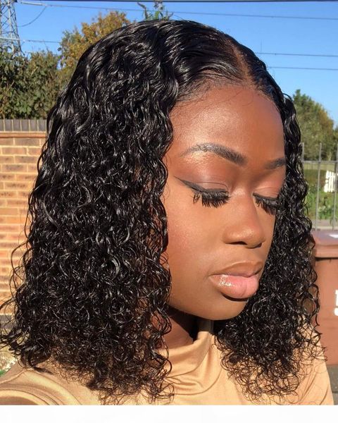 

new fashion 13x4 brazilian human hair lace frontal wigs new arrival curly wigs nature color water wave curly hair bob lace frontal wig, Black;brown