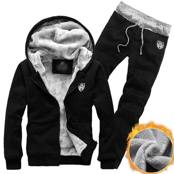 

winter thick waist pants casual men set men sports suits tracksuit hoodie sportswear zipper fleece hooded jackets+elastic lj201125, Gray