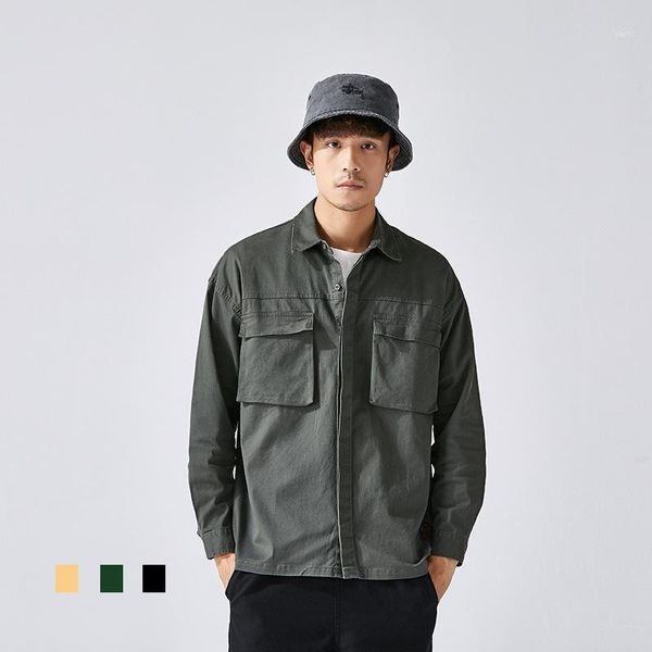

2020 autumn mens pure cotton shirt solid cardigan shirt dress shirts army green outwear clothes classic big pocket streetwear1, White;black