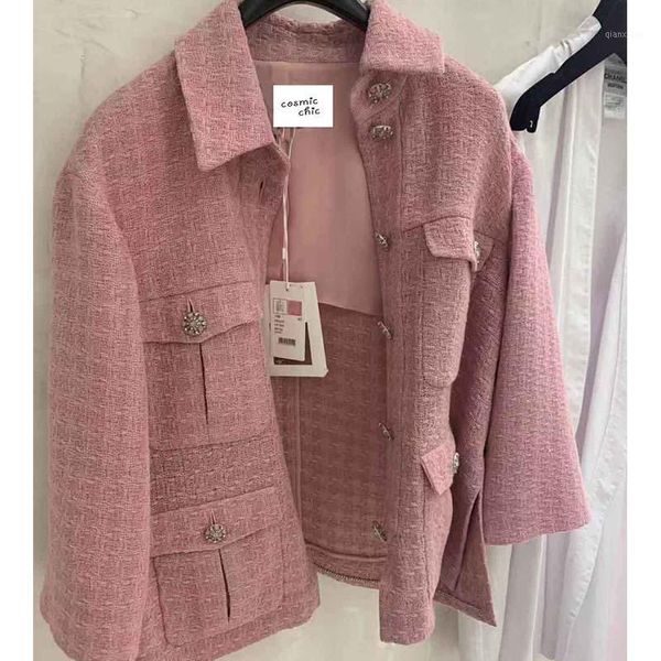 

cosmicchic 2020 runway women tweed jacket single breasted pink plaid pocket short coat weave jackets elegant office clothes1, Black;brown