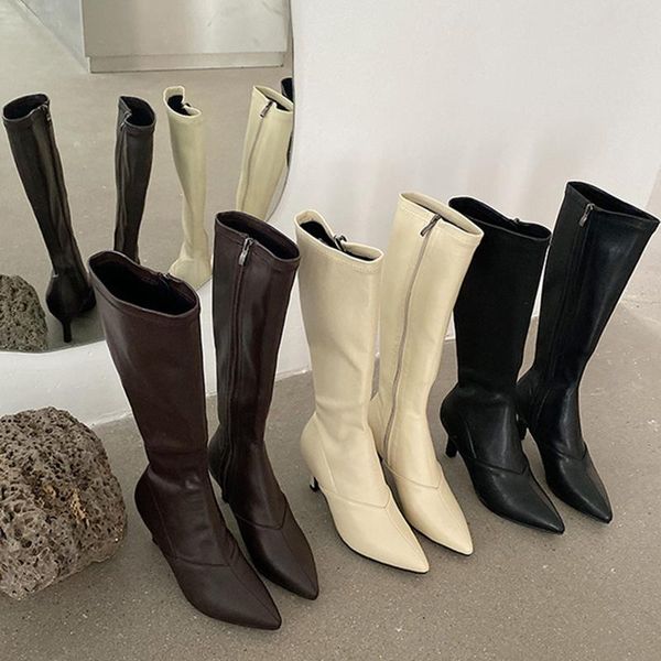 

lasdies fashion tall booties 2020 winter woman knee high riding boots brown leather stiletto luxury design comfortable shoes, Black