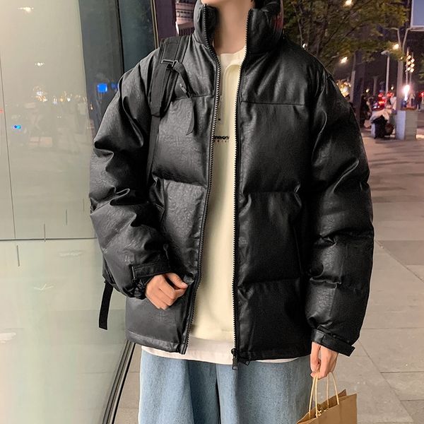

young men's pu skin cotton padded jacket in autumn and winter, Black
