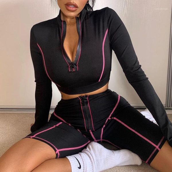 

yoga outfits summer women's zipper patchwork cool suit female two piece set1, White;red