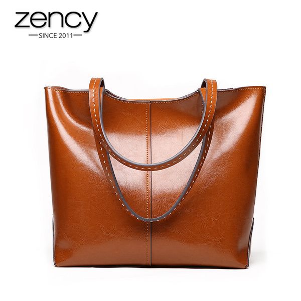 

zency soft cowhide leather fashion women shoulder bag retro brown tote handbag large capacity lady shopping bag black grey c0121