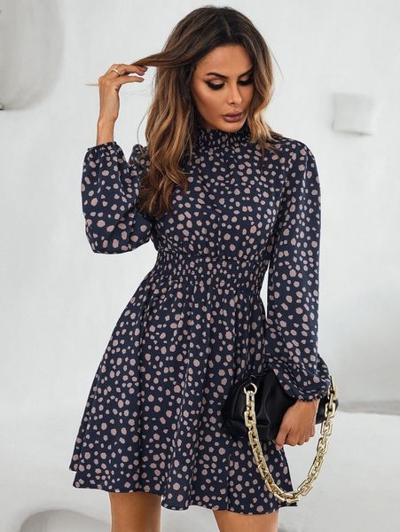 

all over print shirred waist dress k6xt#, Black;gray