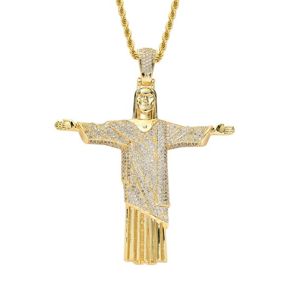 Amarelo banhado a ouro Bling Cz Diamond Stone Cristo Juses Cross Pingente com Corrente de Corda 24inch para Homens Mulheres Quentes