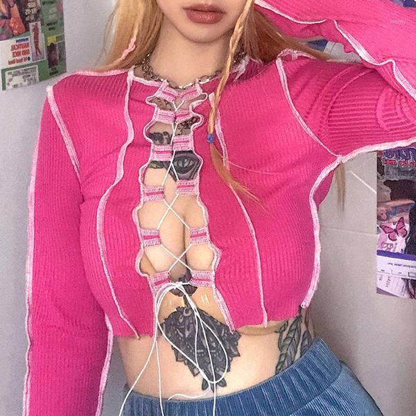 

women patchwork lace up long sleeve crop women ribbed party knitwear t-shirt hollow out bodycon club tie front, White