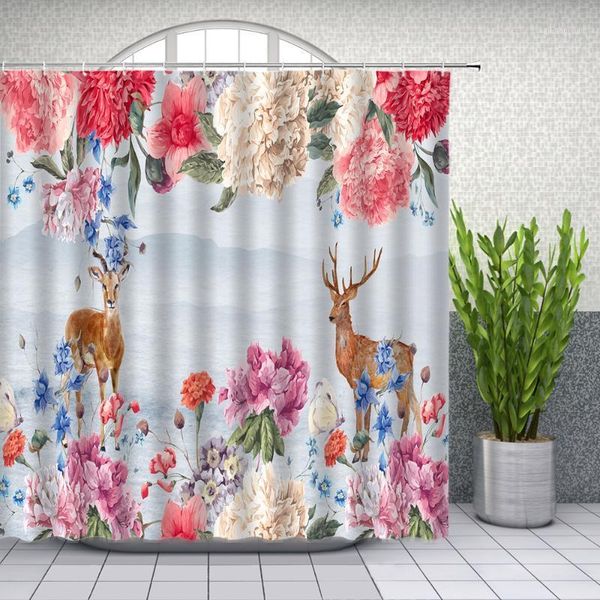 

flowers shower curtains hand painted plants animal deer red pink butterfly flower green leaf bathroom decor waterproof curtain1