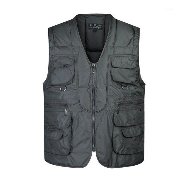 

men's vests cotton sleeveless men's pockets down winter thick warm outwear jacket coat male multi-pocket vest1, Black;white