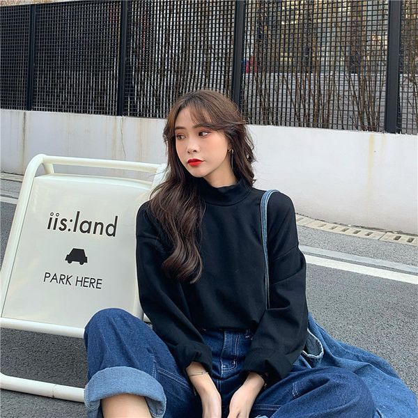 

2021 new long-sleeve t-shirt thicken er velvet high-style neck loose solid woman all-match everyday tshirt 3lu1, White
