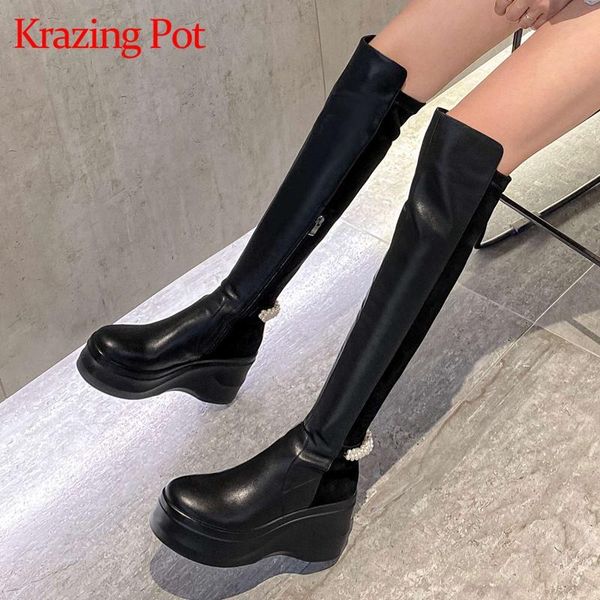 

krazing pot genuine leather round toe super high heel wedges stretch boots pearl patchwork charming over-the-knee-high boots l22, Black