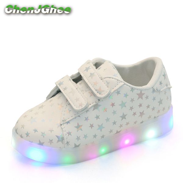 Mumoresip Primavera Outono Kids Kids Sapatos Meninos Meninas Led Luz Sneakers Casual Couro Couro Sapatos Brilhantes Estrelas brilhantes brilhando lj200907