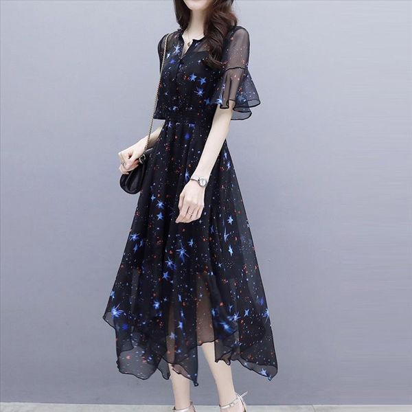 

fashion women sweet dress chiffon printed ruffled v neck flare sleeve high waist dress women midi dresses elegant j30, Black;gray