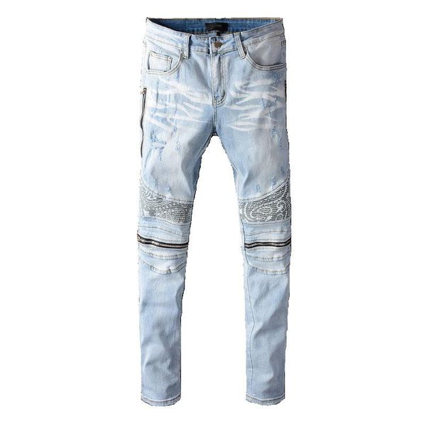 

new high street mens ripped holes jeans pants knee zipper slim denim trousers male streetwear, Blue