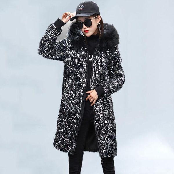 

european fashion big fur collar sequined cotton coat women 2021 casual long down jacket female hooded thick warm coat women 294, Black