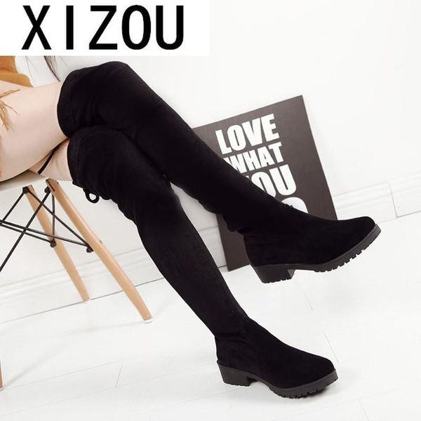 

2020 new winter women's boots fashion put on mid-heel suede boots round toe square heel over the knee women's botas mujer, Black