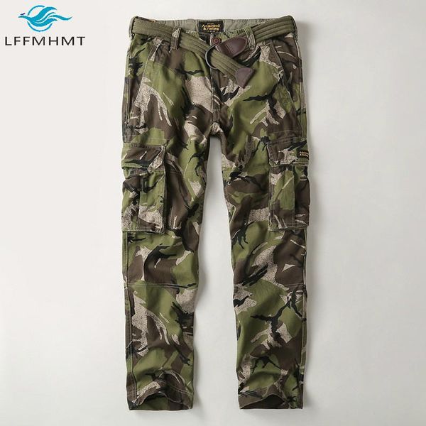 

men summer autumn new fashion multi pocket cargo pant male american style camouflage print loose casual cotton trouser with belt, Black