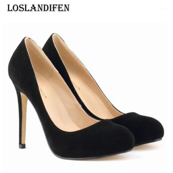 

loslandifen plus size 35-42 women fashion round toe flock party high heel shoes spring autumn style ladies office pumps1, Black;white