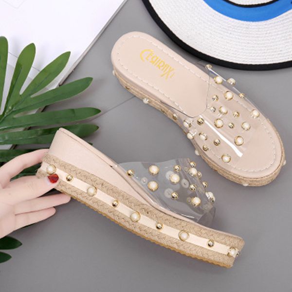 

summer women shoes platform slippers beading shoes wedge beach slope flops slippers shoes women summer fashion slippers x1020, Black
