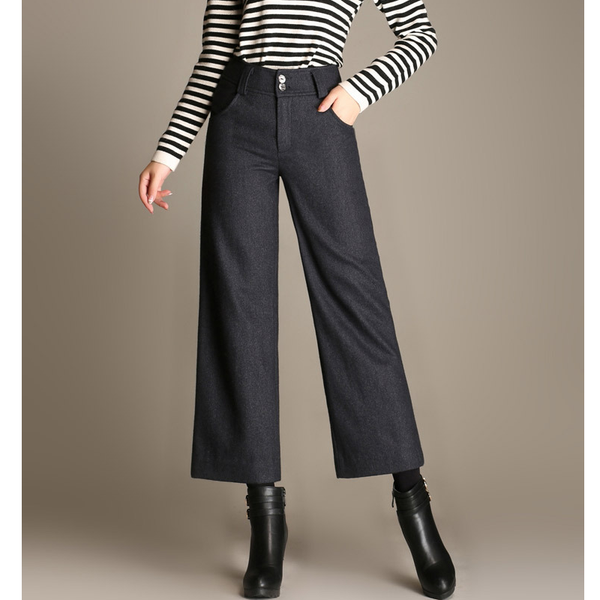

autumn winter women's wide leg pants thick woolen high waist new fashion trousers slimming casual ankle length straight pants, Black;white