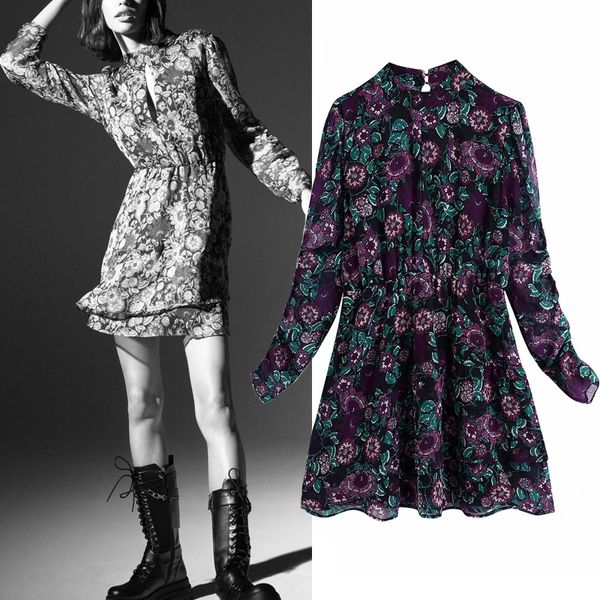 

2021 new floral print chiffon mini women long sleeve ruffle short dress woman chest slit elastic waist retro ladies dresses n899, Black;gray