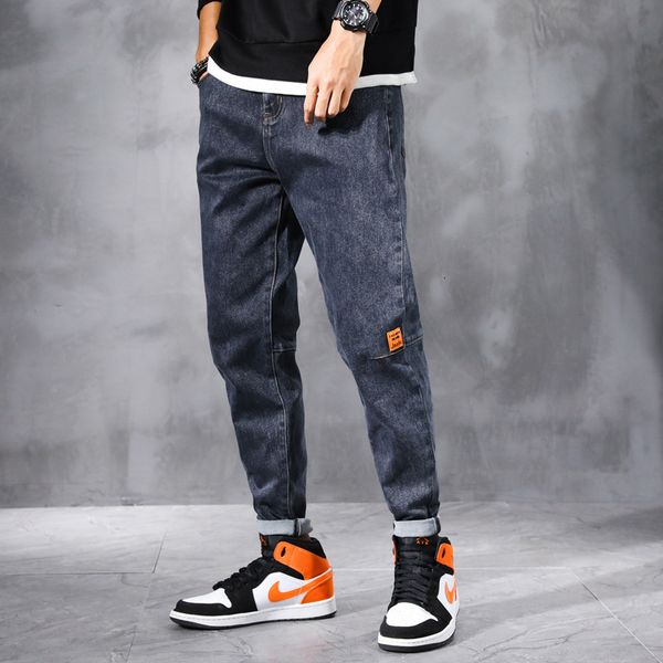 

2021 new fashion streetwear men jeans loose fit retro blue gray denim harem pants spliced patchwork elastic designer hip hop trousers rohk