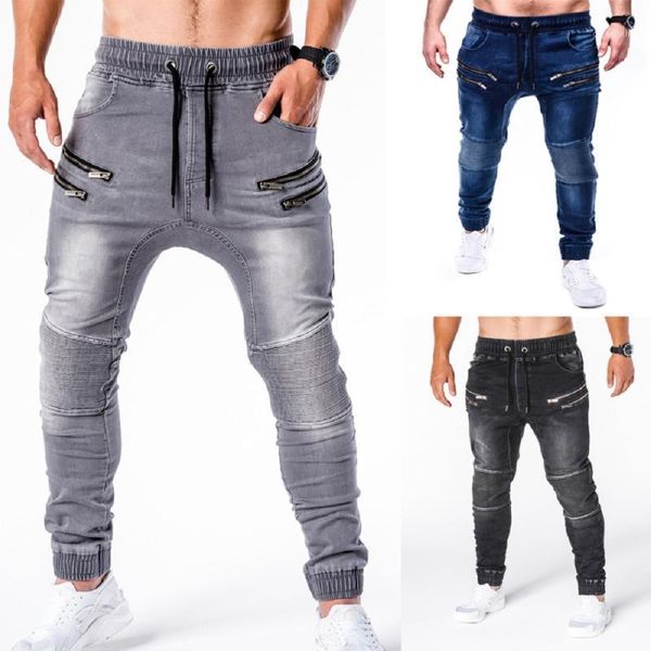 

jeans for men 2020 new men's solid color zipper decorative drawstring slim hip hop movement men's denim trousers1, Blue