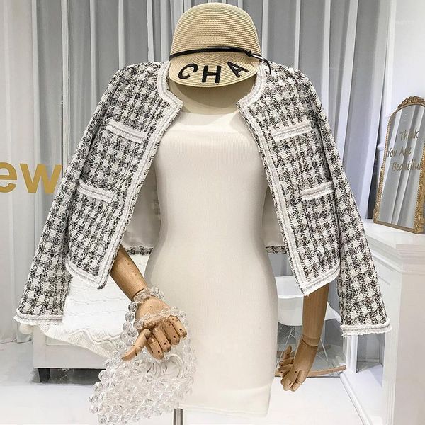 

2020 summer new retro plaid elegant tweed suit short coat1, Black;brown