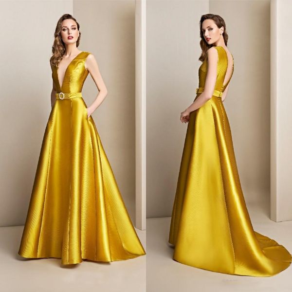 

2021 yellow evening dresses deep v neck a line satin back sweep train prom dress party wear custom made robes de soirée, Black;red