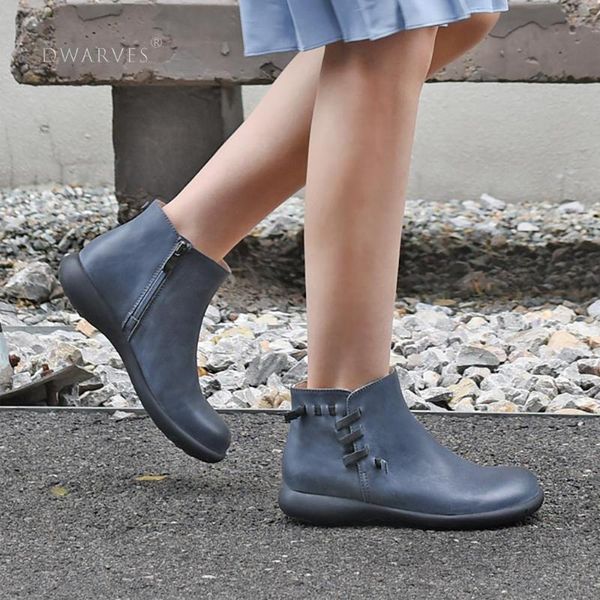 

womens retro leather short boots for winter round toe ankle boots black/blue