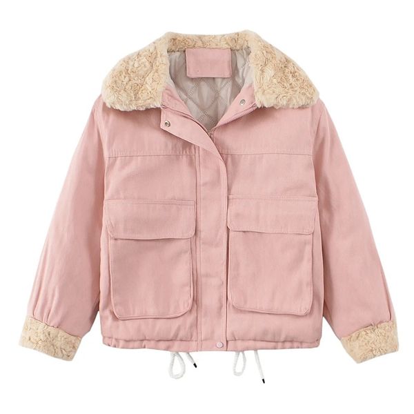 

2021 new european american leisure big pocket winter fashion splicing loose and thin lamb wool coat cotton padded jacket i2sk, Black